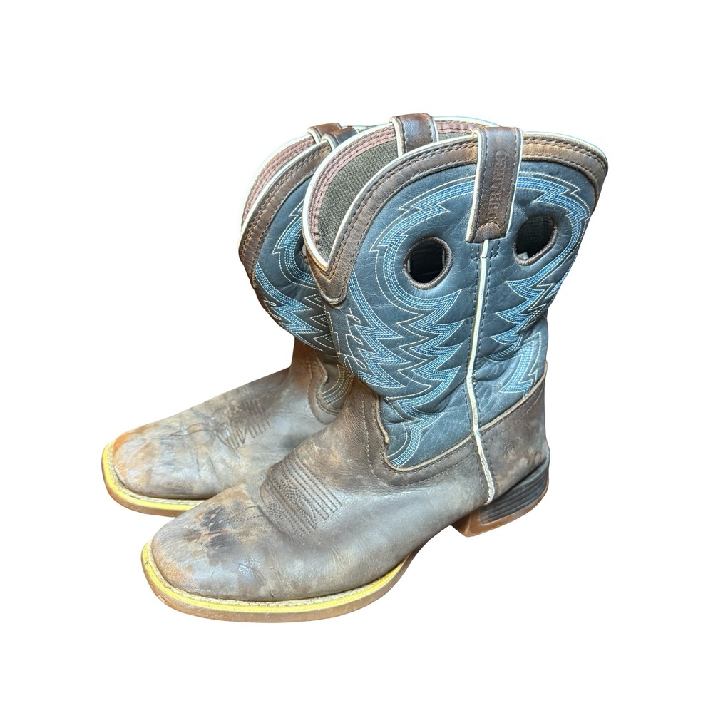 Durango Rebel Kids Western Cowboy Boots Brown Blue Square Toe Dually-Shank‎ 5.5
